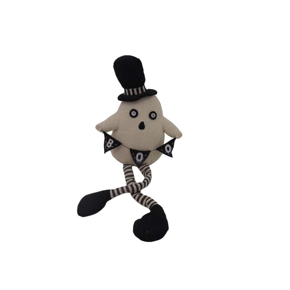 Debi Lilly Ghost BOO Shelf Sitter Stuffed Canvas White Black Top Hat Banner New